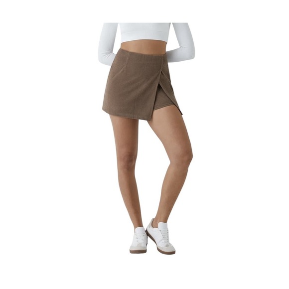 New! Women's Halara Brown Corduroy Front Slit Mini Skirt Skort Sz XL Back Zip - Picture 1 of 5